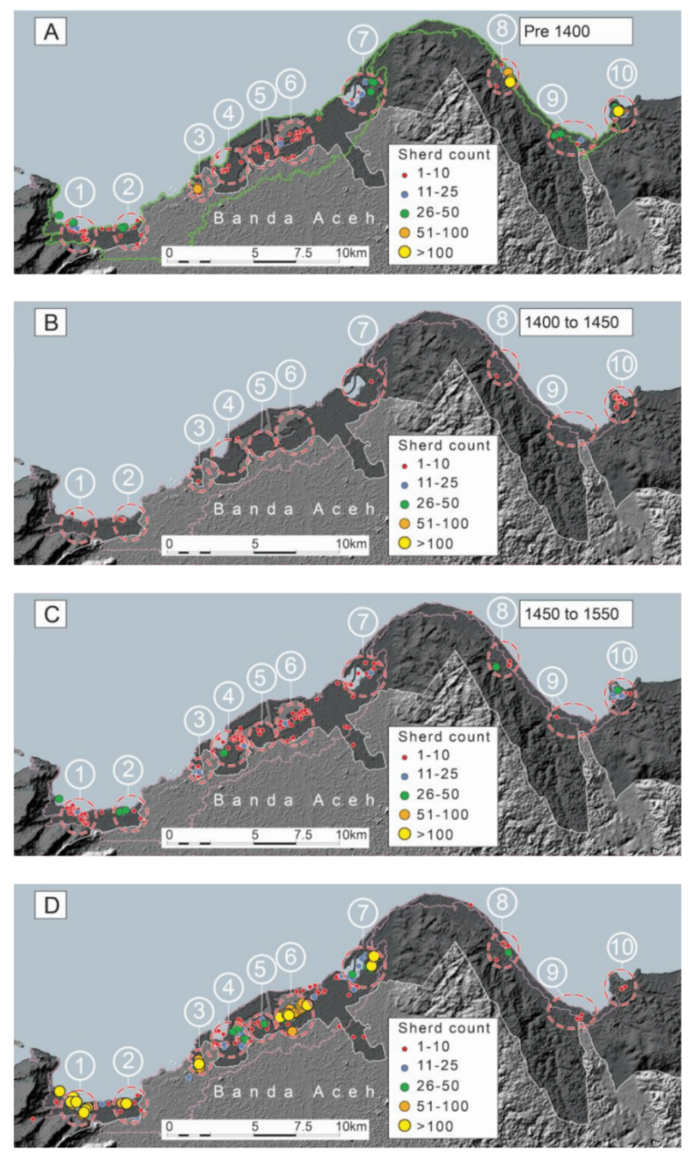 Maps of study area indicating distribution of dated ceramics showing the settlements and the changes in settlement patterns after the 1394 tsunami (Prepared by Y. Descatoire /Earth Observatory of Singapore, Published in Daly et al 2019 PNAS)