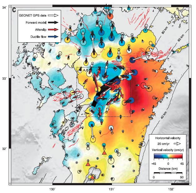 This figure illustrates deformation of the Earth’s lower crust in the Kumamoto region (Source: James Moore)