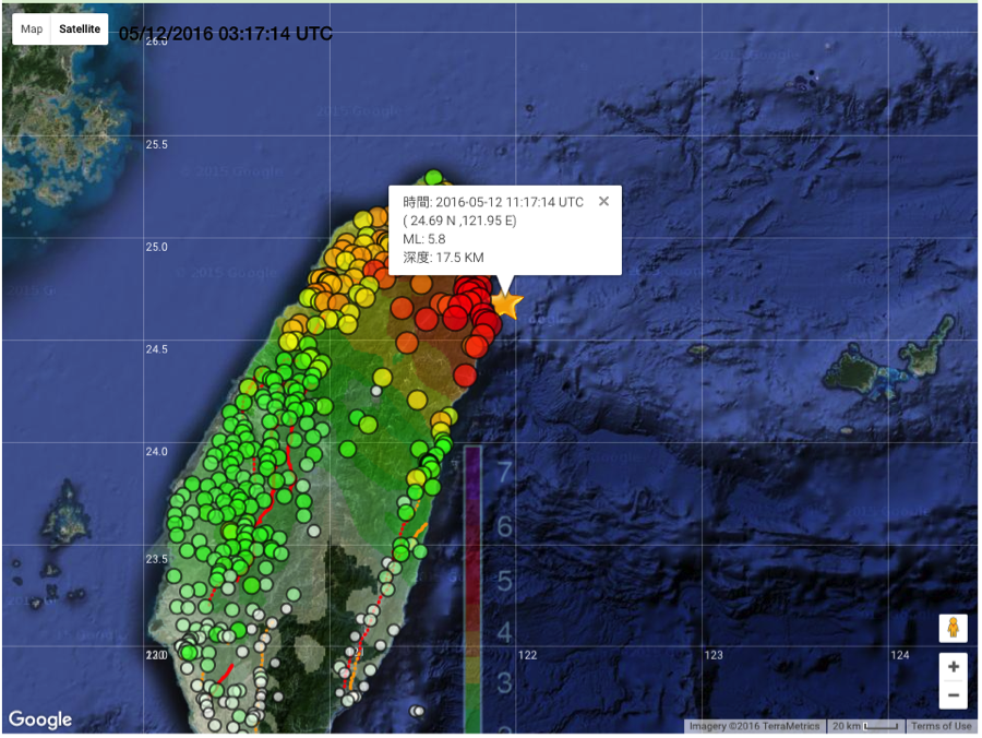 The level of ground motion from the 12 May Ilan earthquake in eastern Taiwan was measured by Taiwan’s Earthquake Early Warning Network (Palert). Although the earthquake was much smaller than the 31-May earthquake, its proximimity to Taiwan and shallow earthquake hypocentre generated stronger shaking in Ilan. However, the 31 May earthquake’s felt areas were larger than the Ilan earthquake due to its deep hypocentre (Source: TESIS)