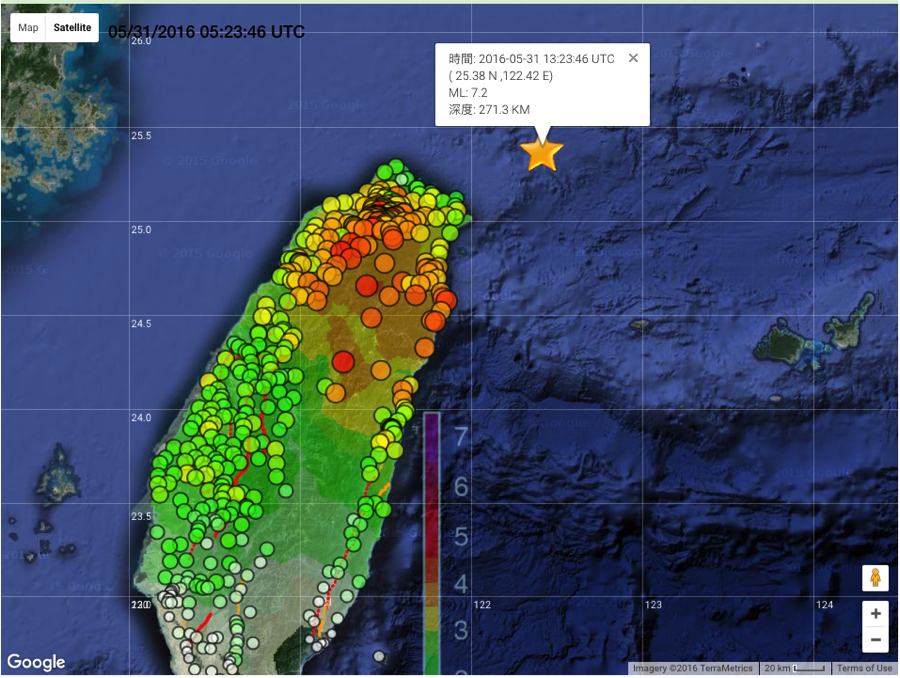 The 31 May earthquake, that had occurred offshore northeastern Taiwan, rocked the entire northern Taiwan island. The coloured circles represent the different levels of ground-shake experienced in Taiwan, which are measured by Taiwan’s Earthquake Early Warning Network (Palert). The level of ground motion was strong enough to frighten residents in the building, but did not cause physical damage in the city (Source: TESIS)