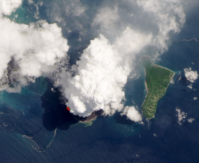 A satellite image of Anak Krakatau, taken on 13 April 2020, showing the volcanic plume and potential molten rock (marked by the red dots) (Source: NASA)