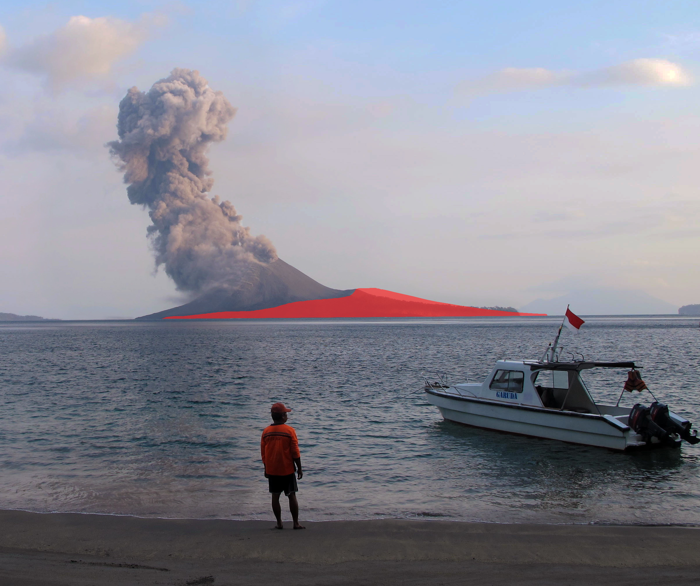 The collapse of Anak Krakatau’s cone left a much smaller edifice (marked in red) in its place (Source: Anna Perttu & Brian Perttu/Earth Observatory of Singapore)