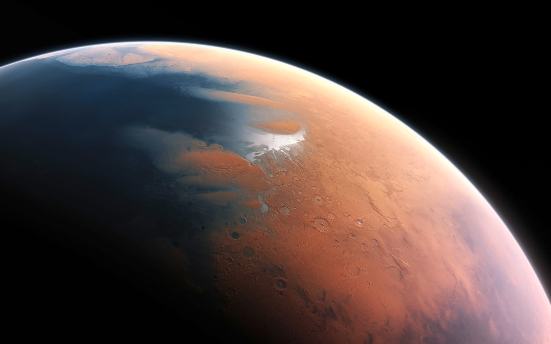 An artists’ impression of what Mars may have looked like about 4 billion years ago, with enough water to cover the planet’s surface to about 140 metres deep (Source: European Southern Observatory)