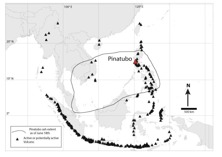 Map showing the extent of the ash plume from Mount Pinatubo on 18th June 1991, and highlighting the numerous active volcanoes in the region (Source: Volcanic Ash and Singapore/ Facebook)