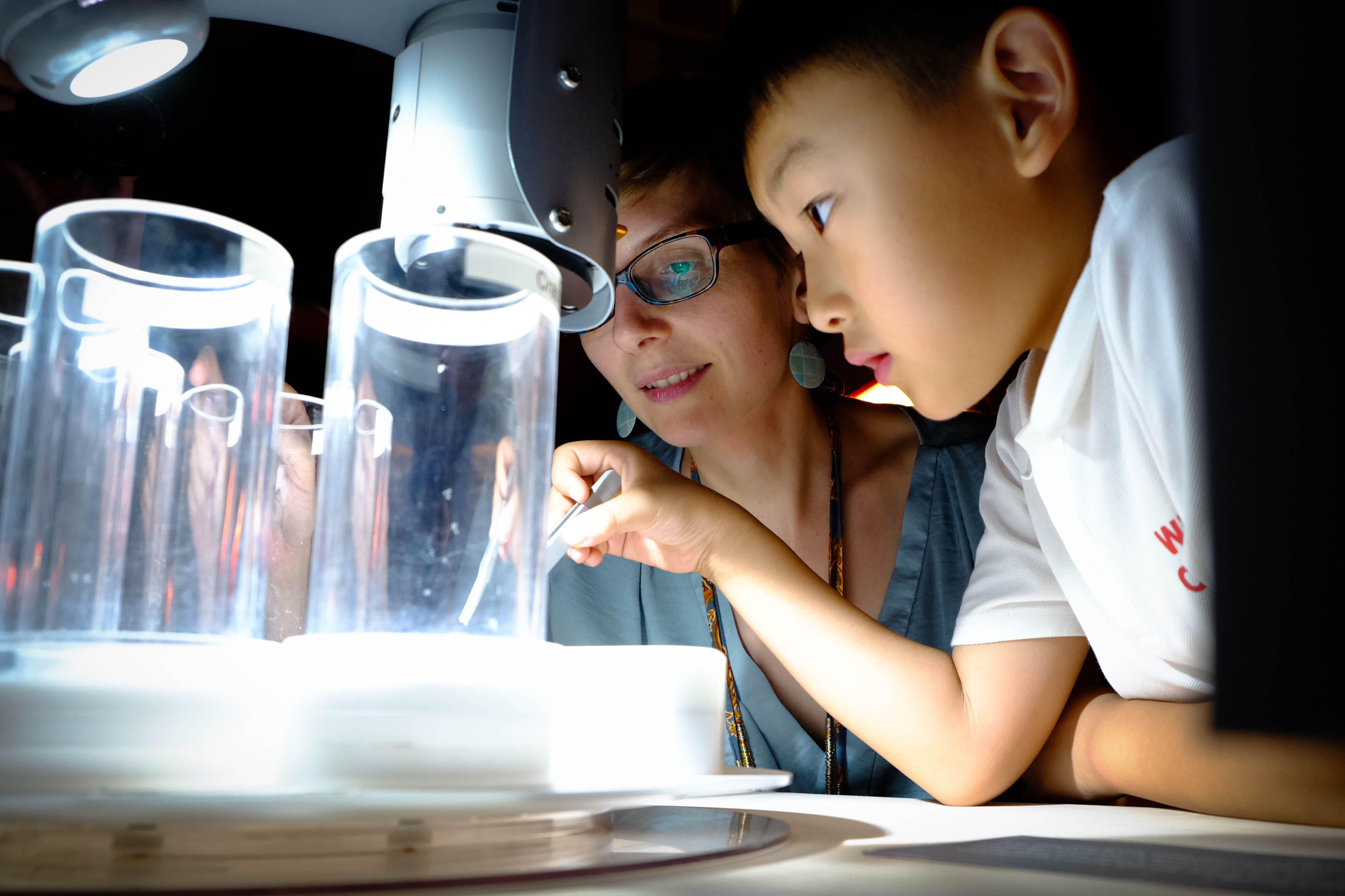 Dr Aurélie Coudurier-Curveur trying out the microfossil exhibit prototype on the floor of Science Centre with a visitor (Source: Kuang Jianhong/Earth Observatory of Singapore)