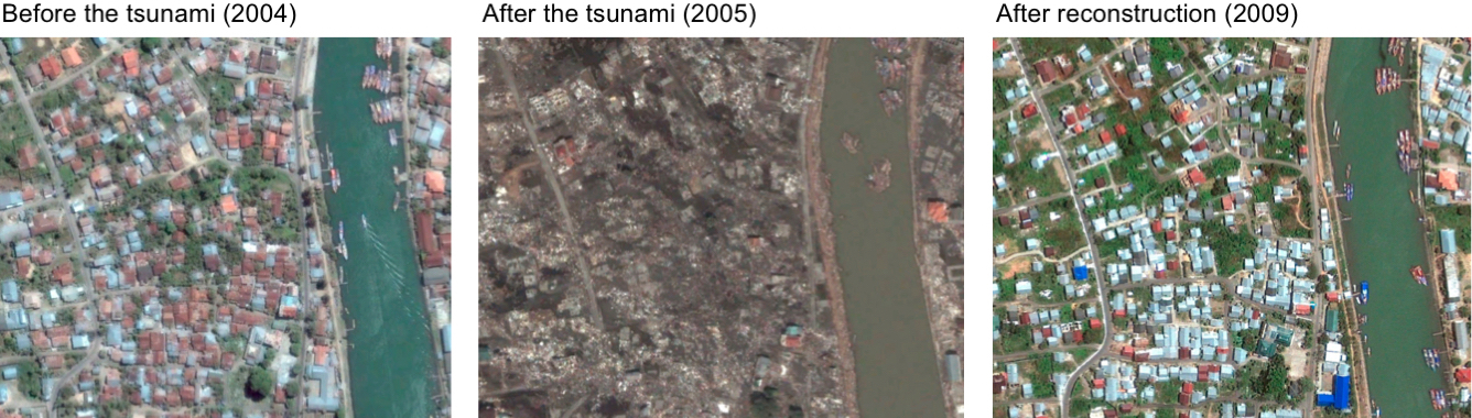 These satellite images show Banda Aceh before the 2004 tsunami, shortly after the tsunami, and after reconstruction. (Source: Google Earth)