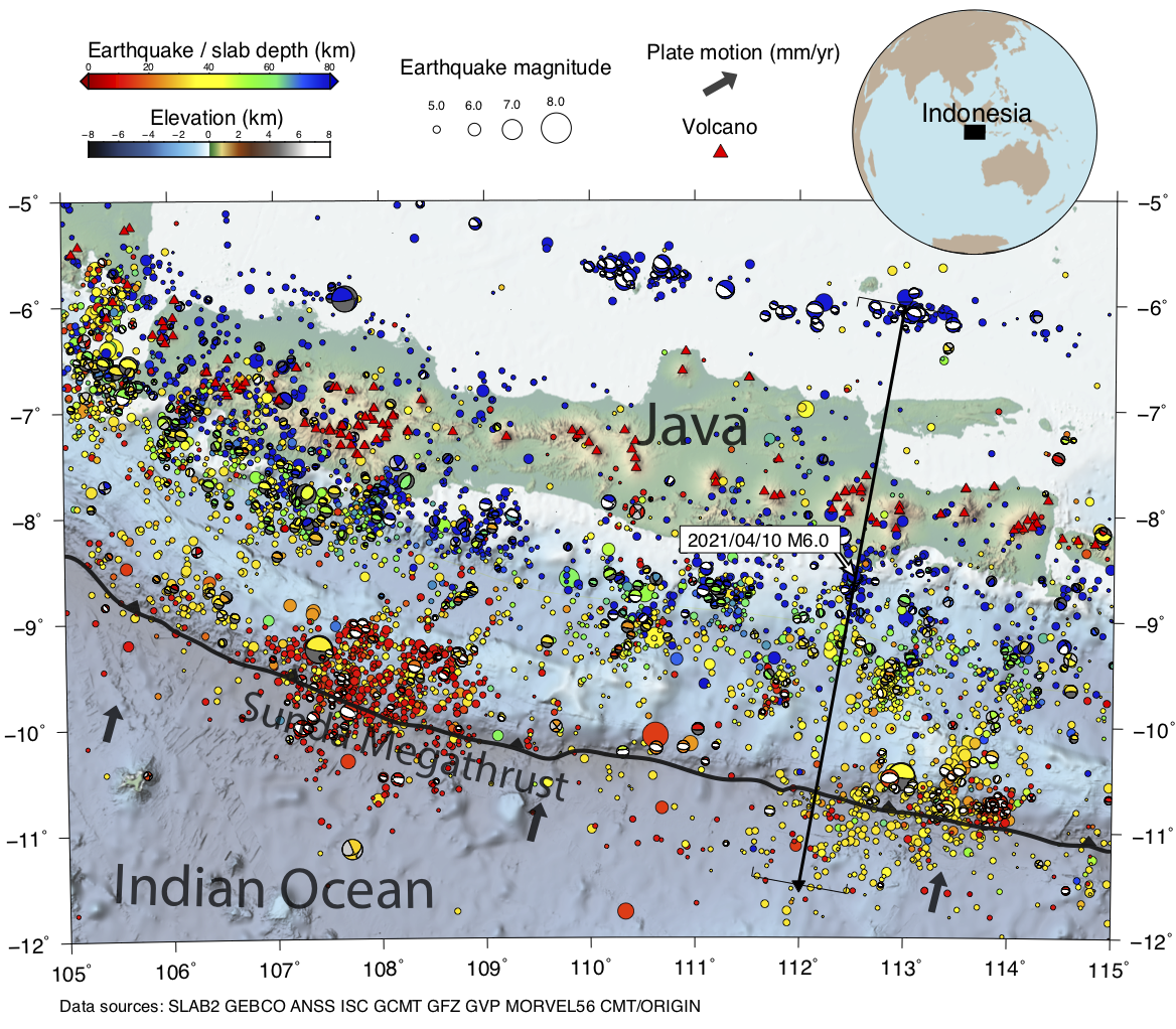 Map showing the location of the 10 April 2021 Mw6 event relative to other earthquakes that have occurred in the region since 1921 (Source: Kyle Bradley/Earth Observatory of Singapore) 