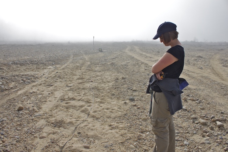 Assistant Professor Judith Hubbard conducts fieldwork in the Himalayas in 2014, to understand the structure and associated hazards of the Main Frontal Thrust, a fault system that lies at the southern margin of the Himalayan collision zone  (Source: Jocelyn West/Earth Observatory of Singapore)