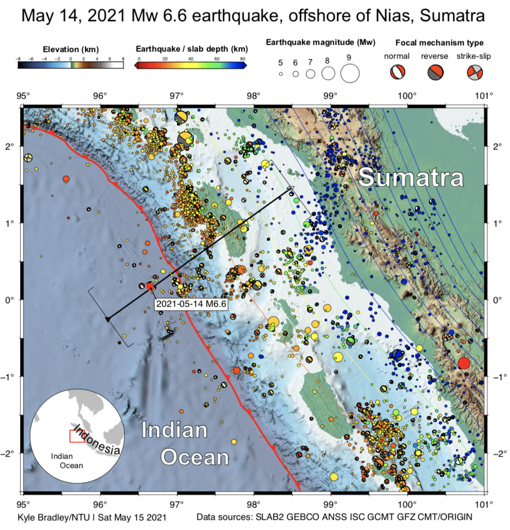 Map showing the location of the 14 May 2021 Mw 6.6 earthquake as well as the seismicity of the region (Source: Kyle Bradley/Earth Observatory of Singapore)