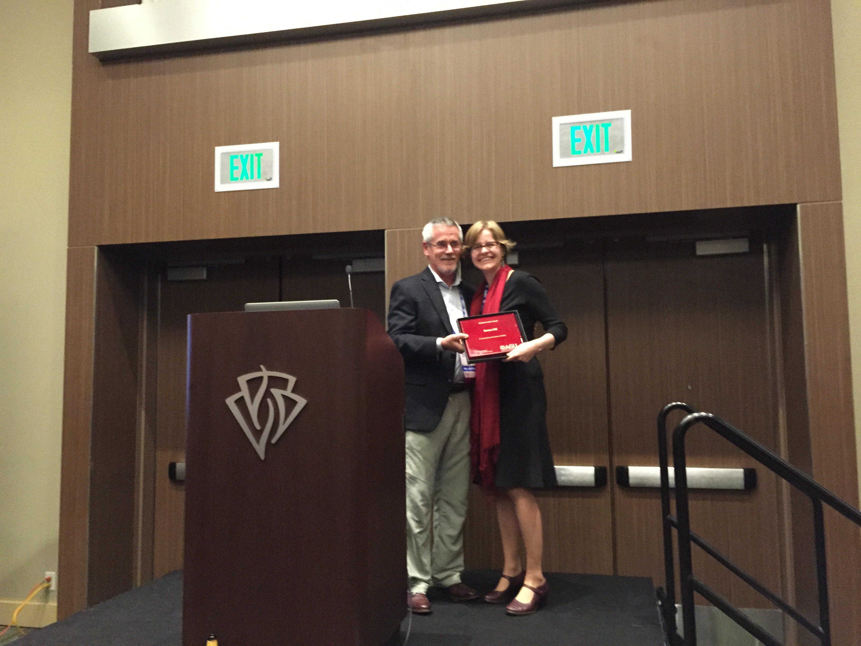 Assistant Professor Emma Hill received the Geodesy Section award from the American Geophysical Union at their 2016 Fall Meeting in San Francisco, California. (Source: Qiu Qiang)