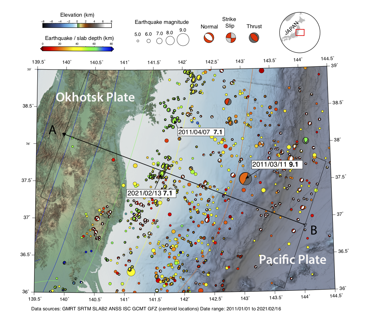 Map showing the location of the 13 February 2021 Mw 7.1 event relative to other earthquakes that occurred in the region from 1 January 2011 to 16 February 2021 (Source: Kyle Bradley/Earth Observatory of Singapore)