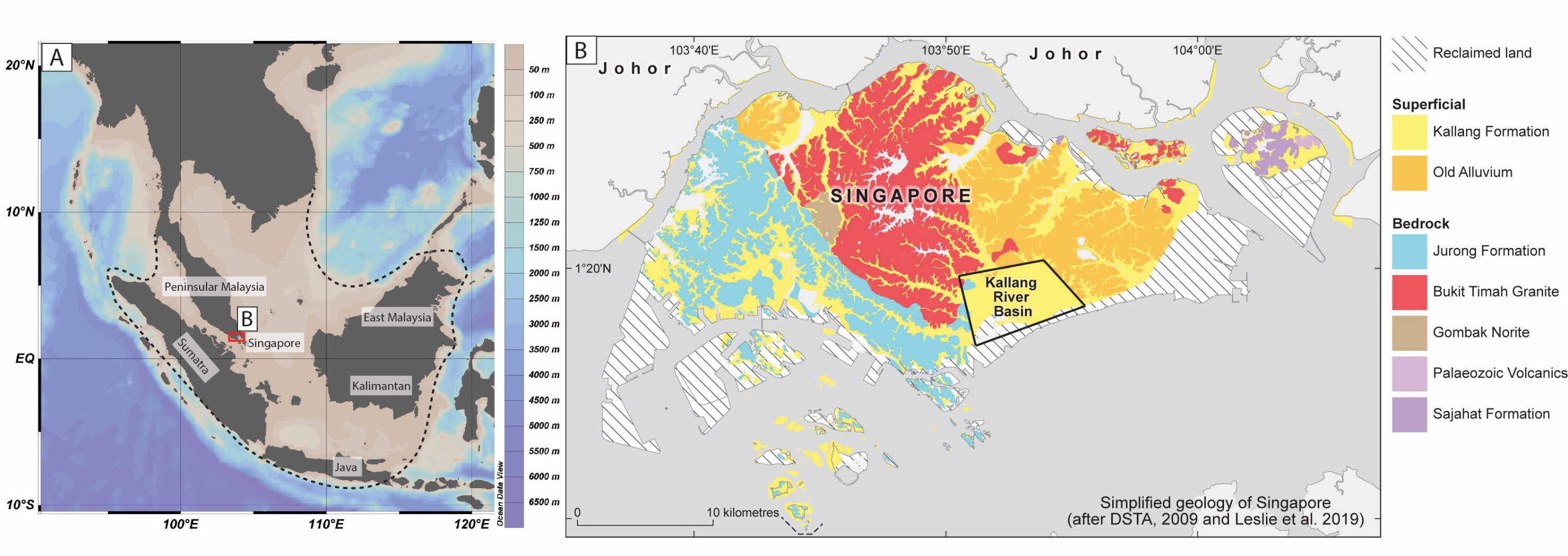 Composite figure providing geographical context. A) Regional map of Southeast Asia with red rectangle showing the location of Singapore. Dashed line marks the estimated maximum extent of Sundaland based on modern bathymetric data [(produced by Ocean Data View (Schlitzer, 2002)]. B) Map showing the basic geological units of Singapore based on the current nomenclature (DSTA, 2009)