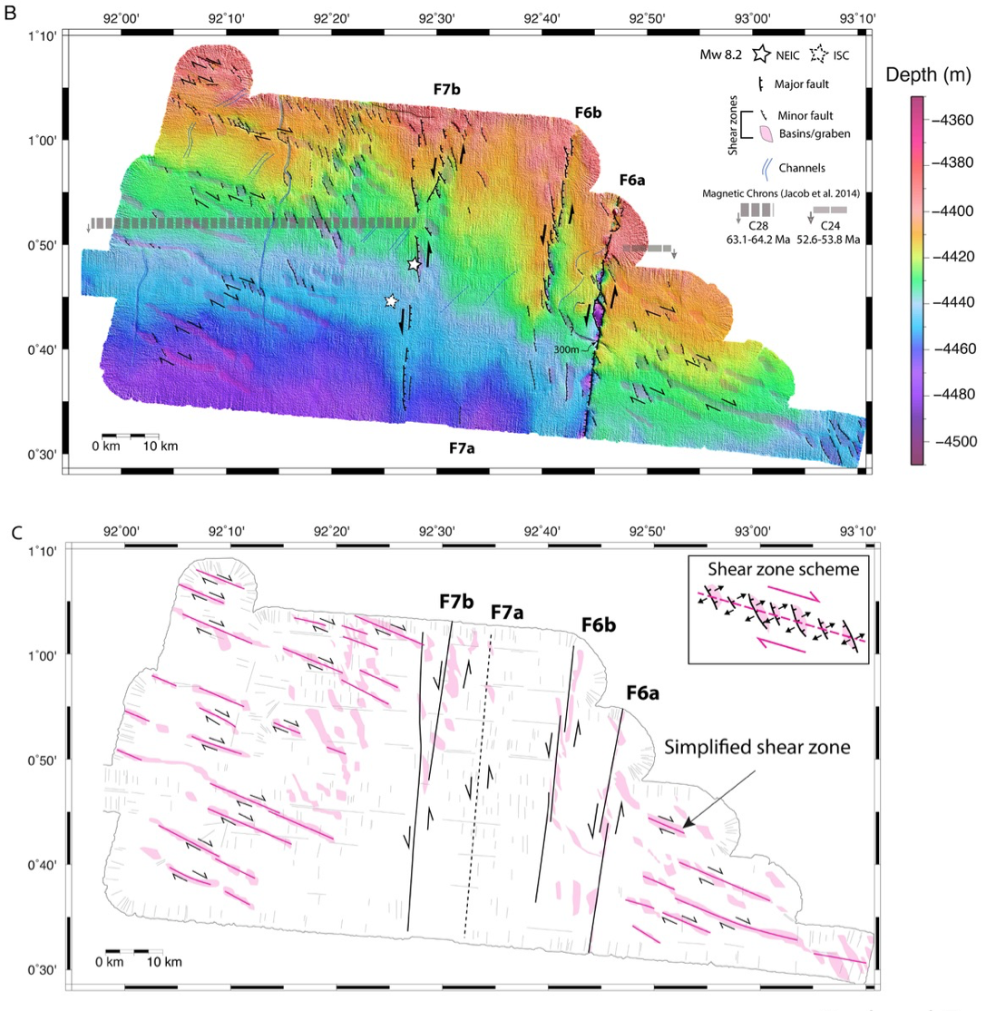 Figure 3: Bathymetric data acquired during the MegaTera experiment showing re-activated fracture zones and newly discovered shear zones (Source: Singh et al., Science Advances 2017) Figure 3: Bathymetric data acquired during the MegaTera experiment showing re-activated fracture zones and newly discovered shear zones (Source: Singh et al., Science Advances 2017)