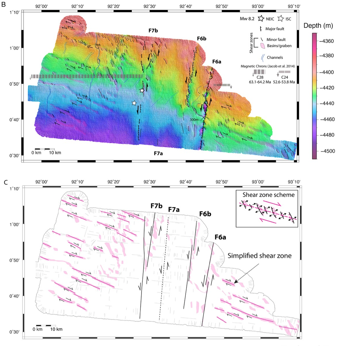 Figure 3: Bathymetric data acquired during the MegaTera experiment showing re-activated fracture zones and newly discovered shear zones (Source: Singh et al., Science Advances 2017)