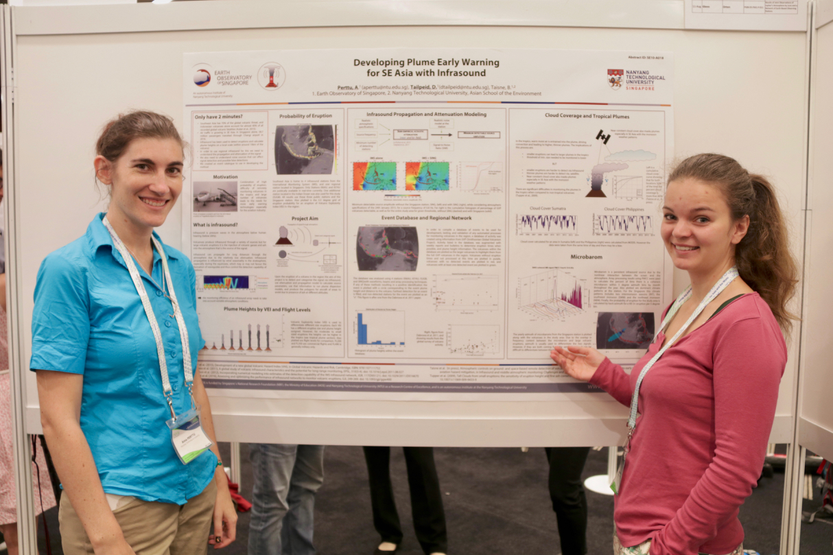 EOS Research Associates Dorianne Tailpied and Anna Perttu proudly presented their research on plume early warning systems at AOGS 2017 (Source: Rachel Siao) EOS Research Associates Dorianne Tailpied and Anna Perttu proudly presented their research on plume early warning systems at AOGS 2017 (Source: Rachel Siao)