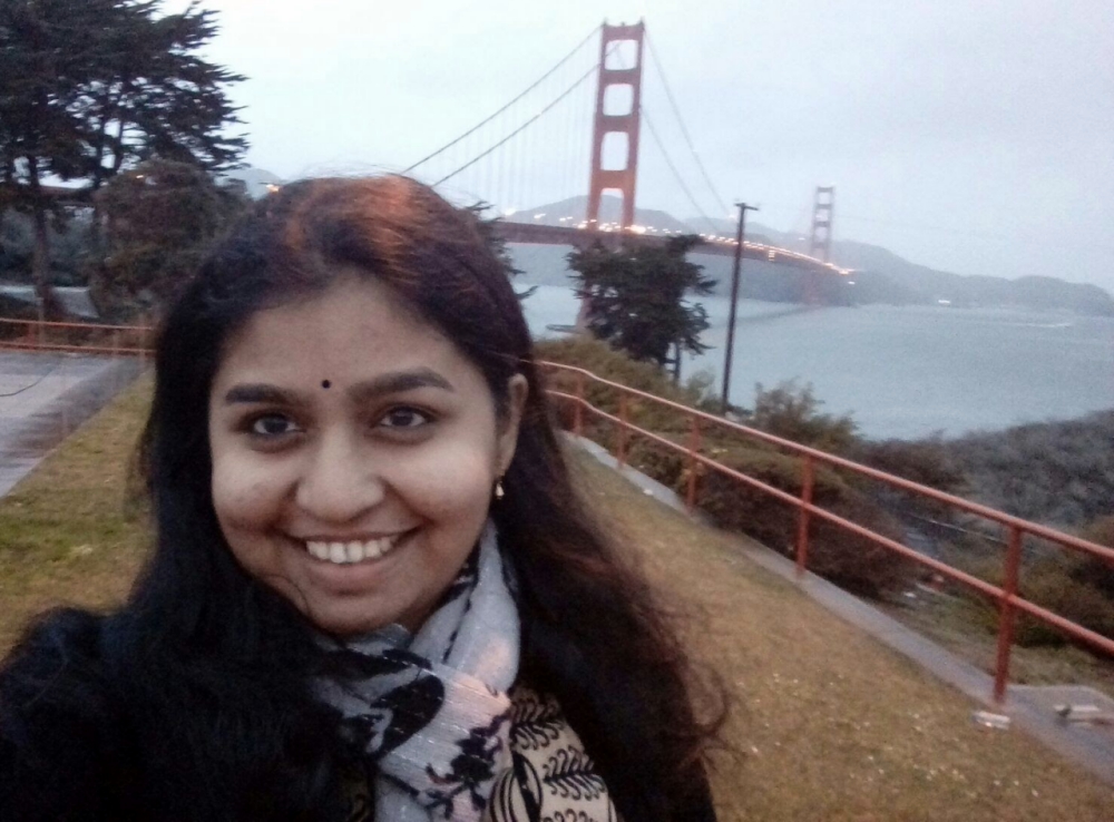Ms Nanjundiah in front of San Francisco's Golden Gate Bridge Ms Nanjundiah in front of San Francisco's Golden Gate Bridge