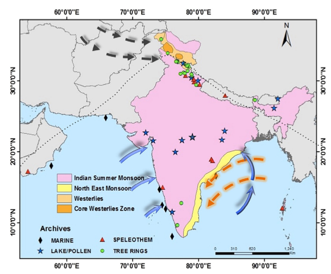 The Indian climate regimes are shown here in this map. The blue and orange arrows indicate the movement of the southwest and northeast monsoons respectively, and the black arrows denote the westerlies (Source: Dixit and Tandon, 2016, Earth-Science Reviews)