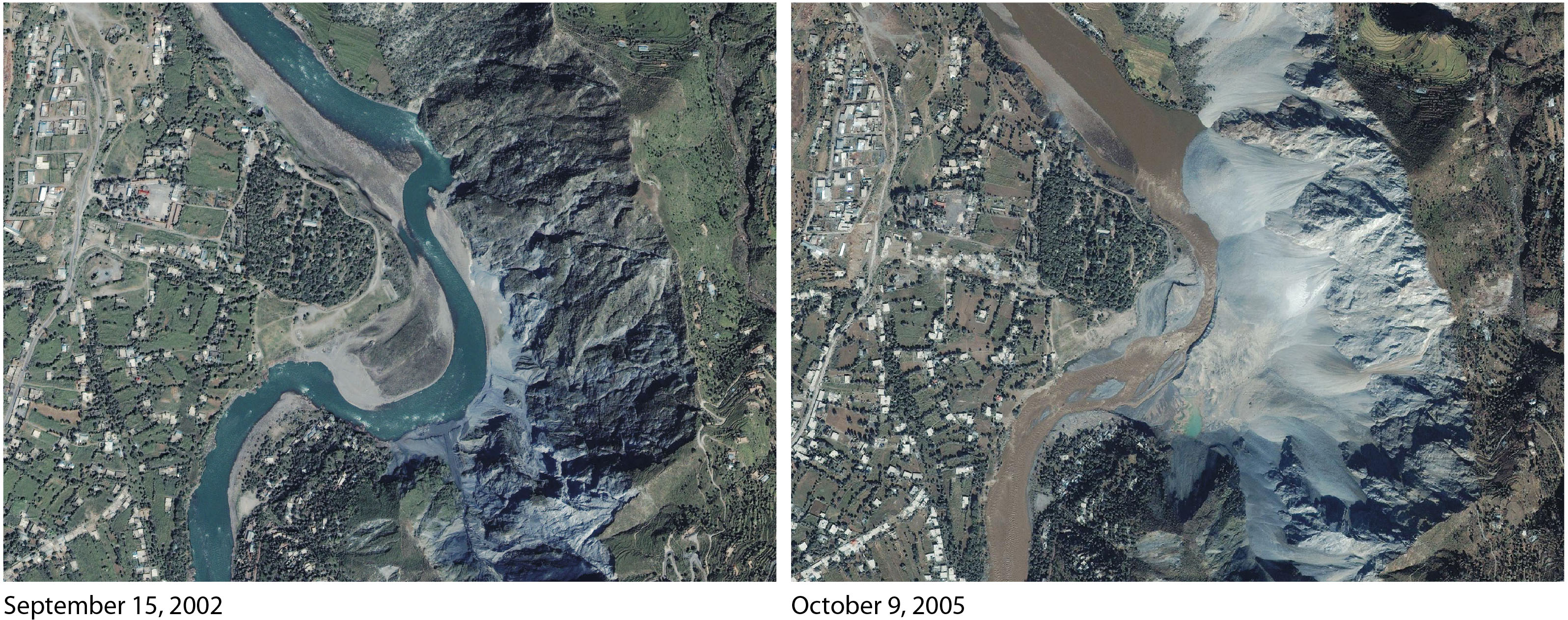 The Ikonos satellite captured an image of a landslide (right) in Makhri, a village on the northern outskirts of Muzzaffarabad, on 9 Oct 2005 (© 2016 DigitalGlobe) The Ikonos satellite captured an image of a landslide (right) in Makhri, a village on the northern outskirts of Muzzaffarabad, on 9 Oct 2005 (© 2016 DigitalGlobe)