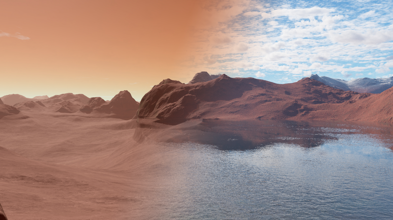 A creative reinterpretation of early Mars with water, and current Mars which is dry and uninhabitable (Source: James Moore)