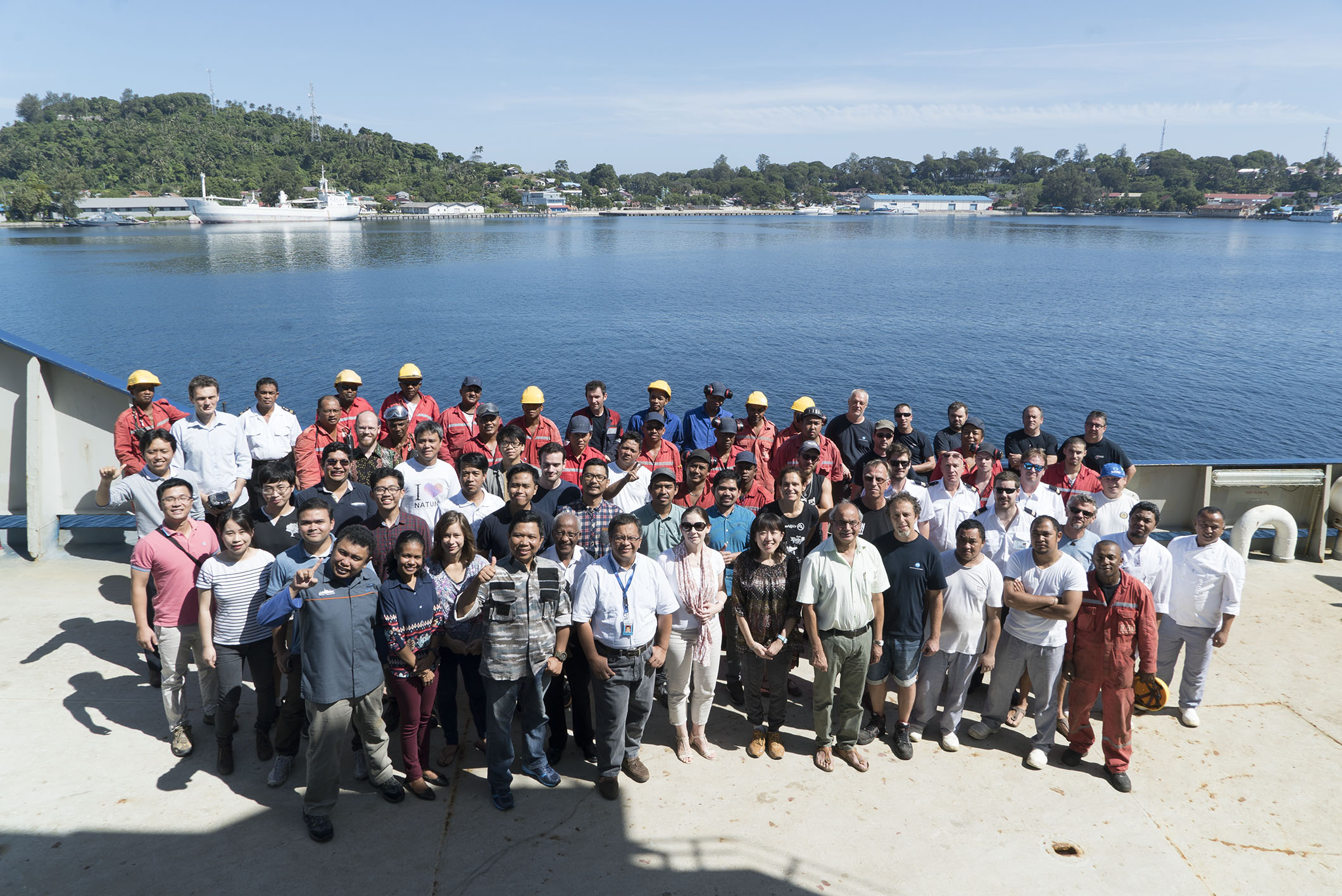 Most of the MIRAGE II team: crew, seismic team, scientists, and students assemble on the deck of R/V Marion Dufresne (Source: EOS/ Monika Naranjo Gonzales)