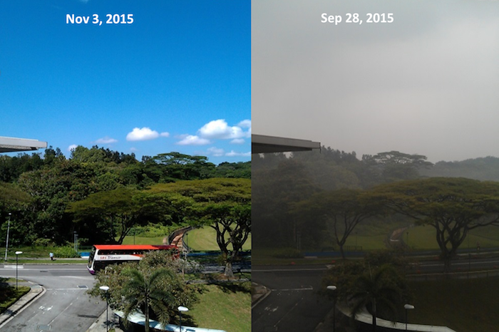 A comparison between a Haze and No-Haze scenario at NTU (Source: Chen Jing) A comparison between a Haze and No-Haze scenario at NTU (Source: Chen Jing)