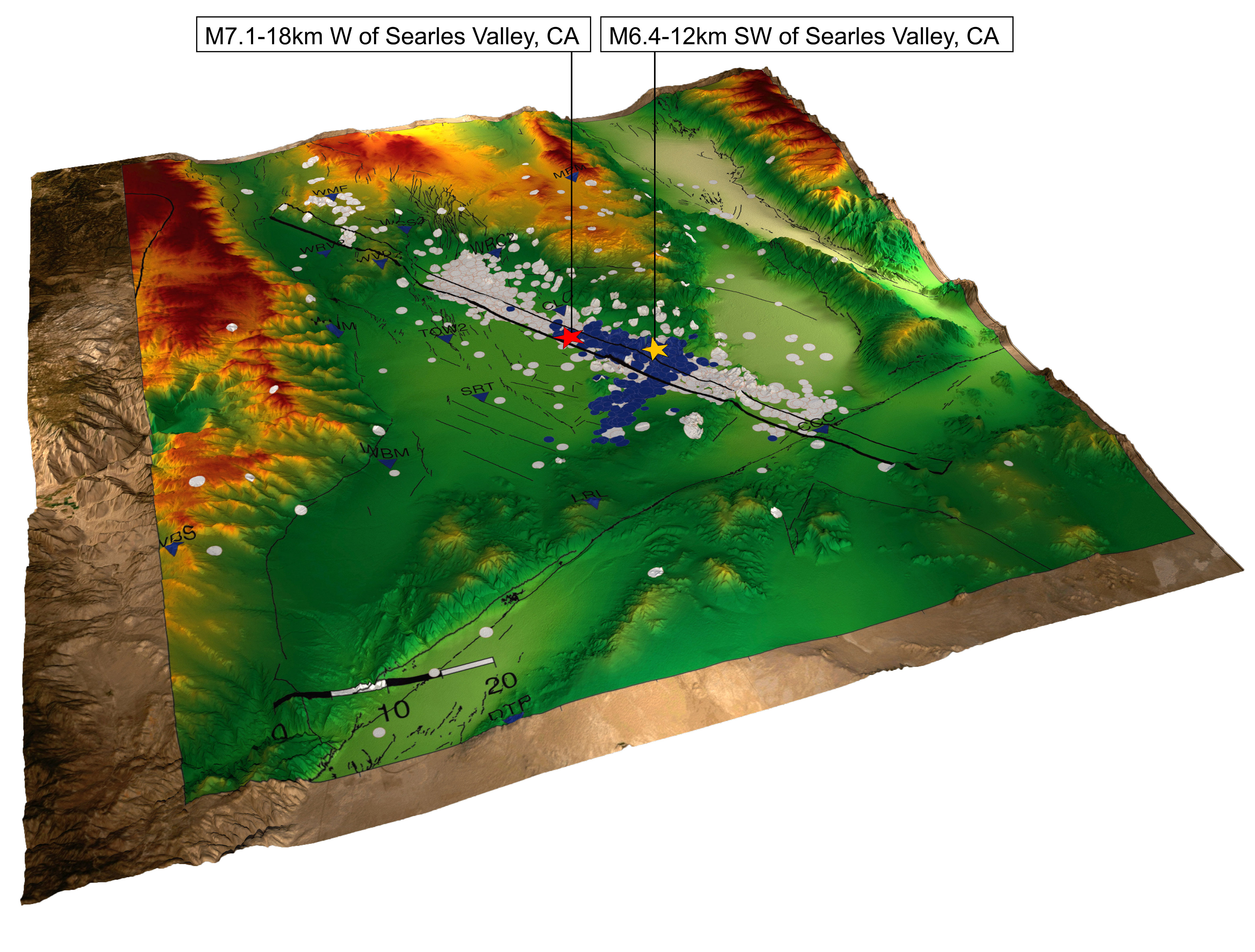 Figure 1. The seismicity of the July 2019 Ridgecrest earthquake sequence, as of 7 July 2019. The orange and red stars indicate the SCSN epicentre locations of the Mw 6.4 foreshock and the Mw 7.1 mainshock respectively. The blue triangles represent the strong-motion stations with their names indicated. The black lines indicate the fault traces downloaded from USGS. The blue circles are events that had occurred before the Mw 7.1 mainshock. The rectangle indicates the map view of the fault plane that was used in the finite fault inversion for the mainshock. (Source: Wei Shengji & Yves Descatoire/Earth Observatory of Singapore)