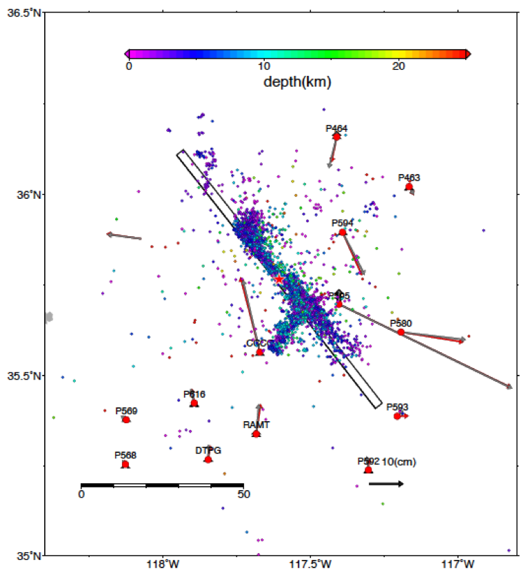 Figure 5. Static GPS fits from the joint inversion model. The smaller arrows indicate the horizontal offsets (data in gray and synthetics in red) and the larger arrows represent the vertical motions. Seismicity is represented by the circles and coloured according to their depths. (Source: Wei Shengji/Earth Observatory of Singapore) Figure 5. Static GPS fits from the joint inversion model. The smaller arrows indicate the horizontal offsets (data in gray and synthetics in red) and the larger arrows represent the vertical motions. Seismicity is represented by the circles and coloured according to their depths. (Source: Wei Shengji/Earth Observatory of Singapore)