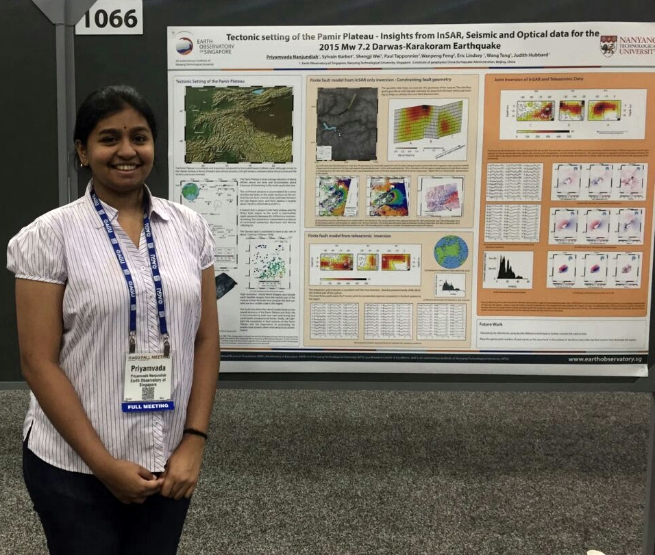 Ms Priyamvada Nanjundiah in front of her winning poster at the Moscone Center in San Francisco