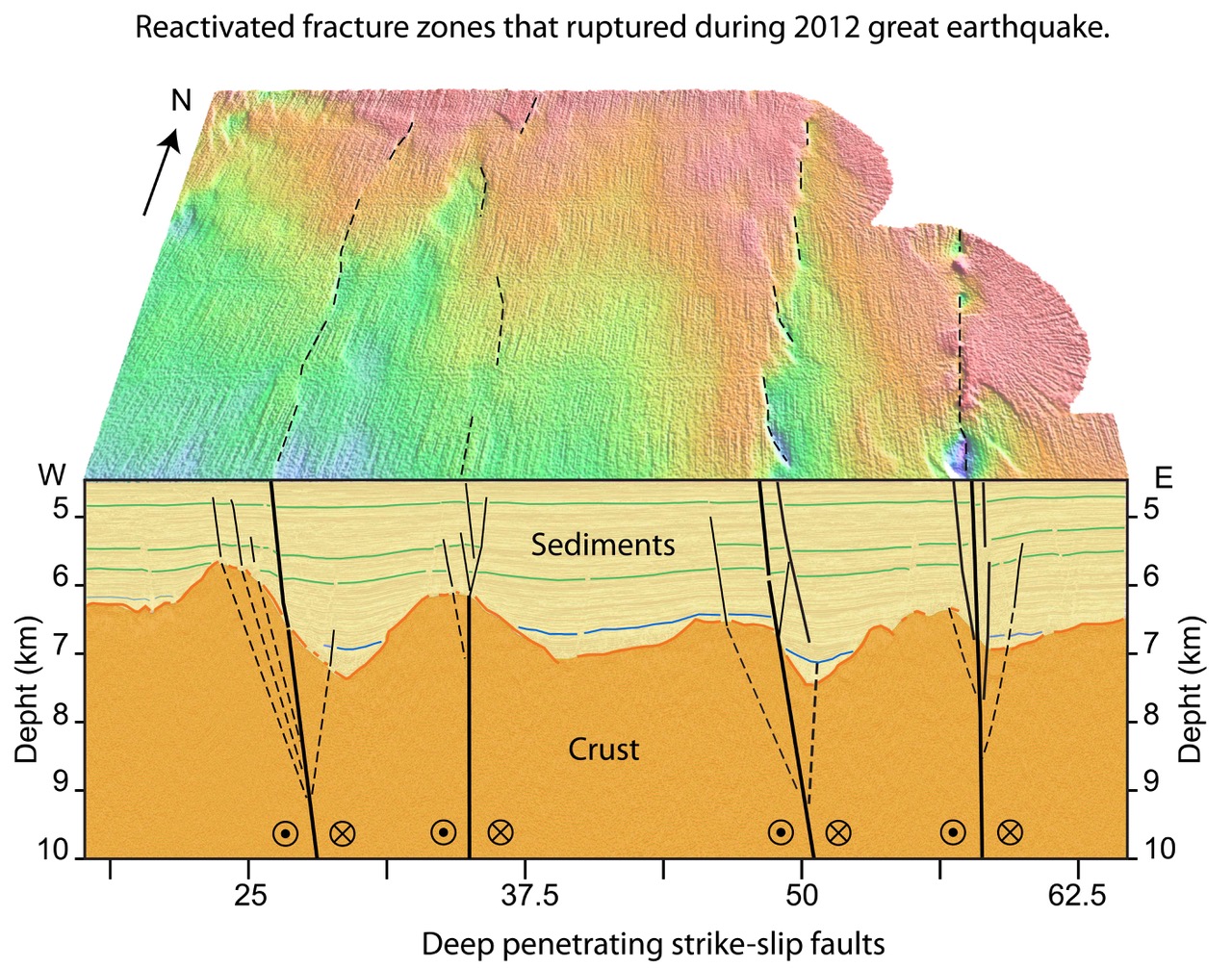 Figure 1: Seismic reflection can show faults and deformation beneath the surface. Here, four fracture zones that were reactivated by the 8.6-magnitude Wharton Basin earthquake are shown (Source: Singh et al., Science Advances 2017)