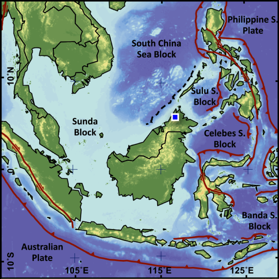 Map showing Mount Kinabalu (indicated by the blue square). Faults in regions that are farther away from plate boundaries take longer time to build up the energy to produce earthquakes (Source: Wang Yu)