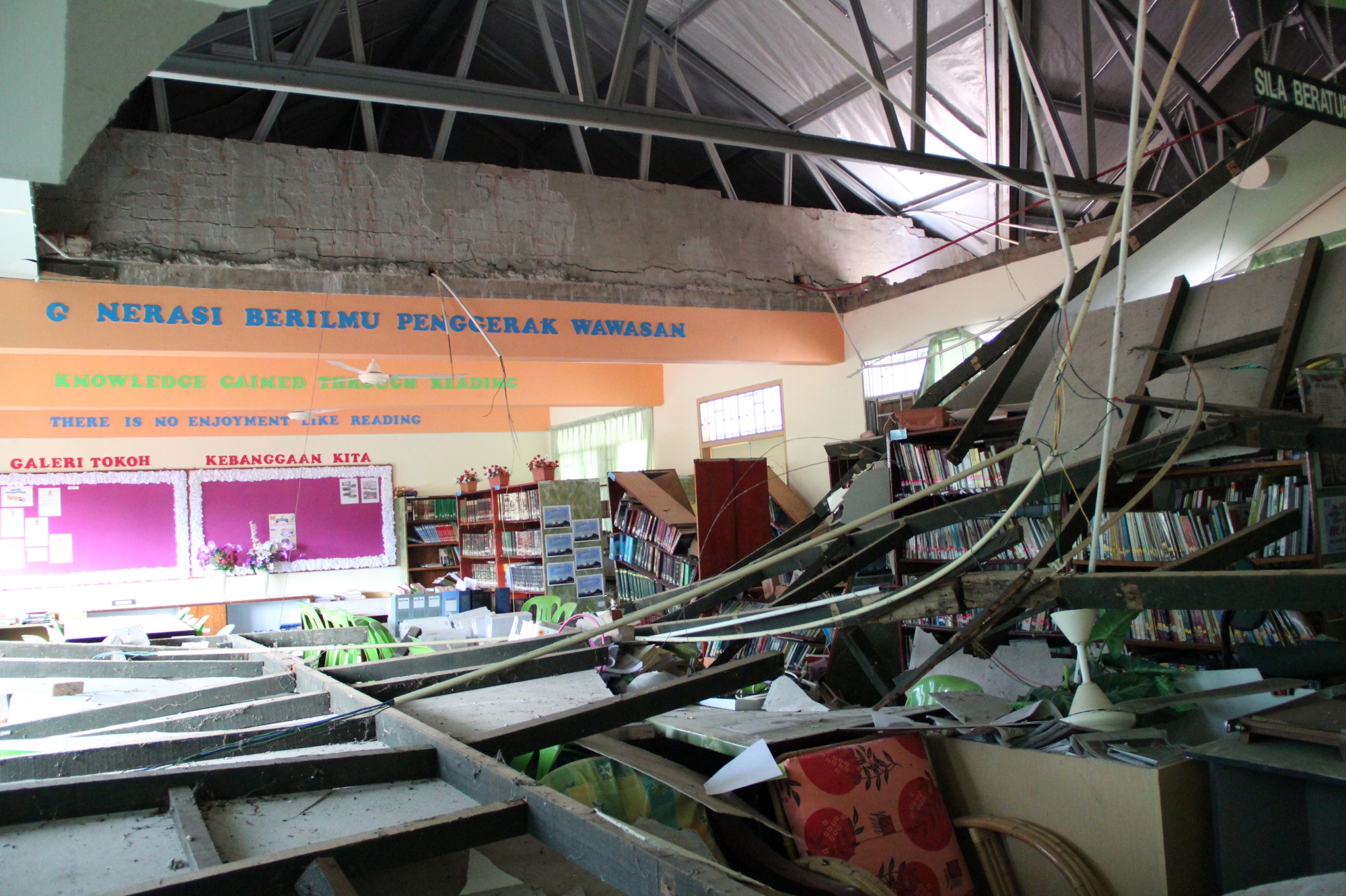 The destruction to a school library in Sabah, Malaysia (Source: Yvonne Soon)