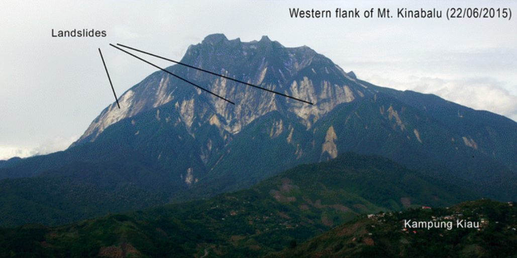 The western flank of Mount Kinabalu after the Sabah earthquake in 2015. The light-coloured patches on the slope are the locations of the landslides triggered by the M 6.0 mainshock (Source: Wang Yu)