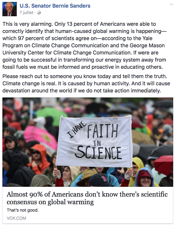 U.S. Senator Bernie Sanders reflects upon the alarming nature of public apathy towards global warming (Source: U.S. Senator Bernie Sanders/ Facebook)