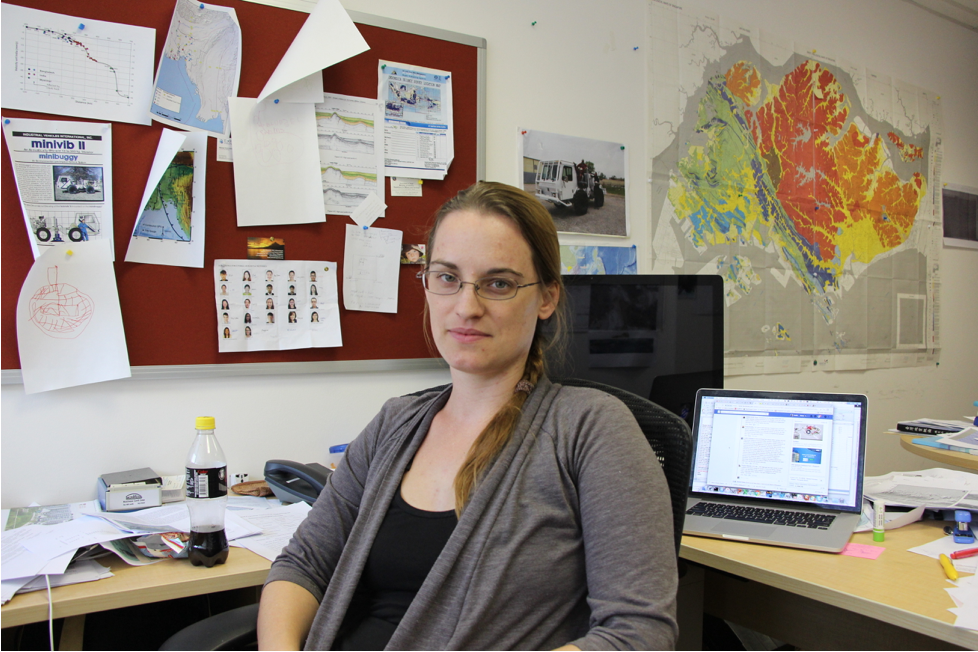 Assistant Professor Hubbard, a leading tectonics researcher, has covered almost every surface of her office with work (Source: Shireen Federico)