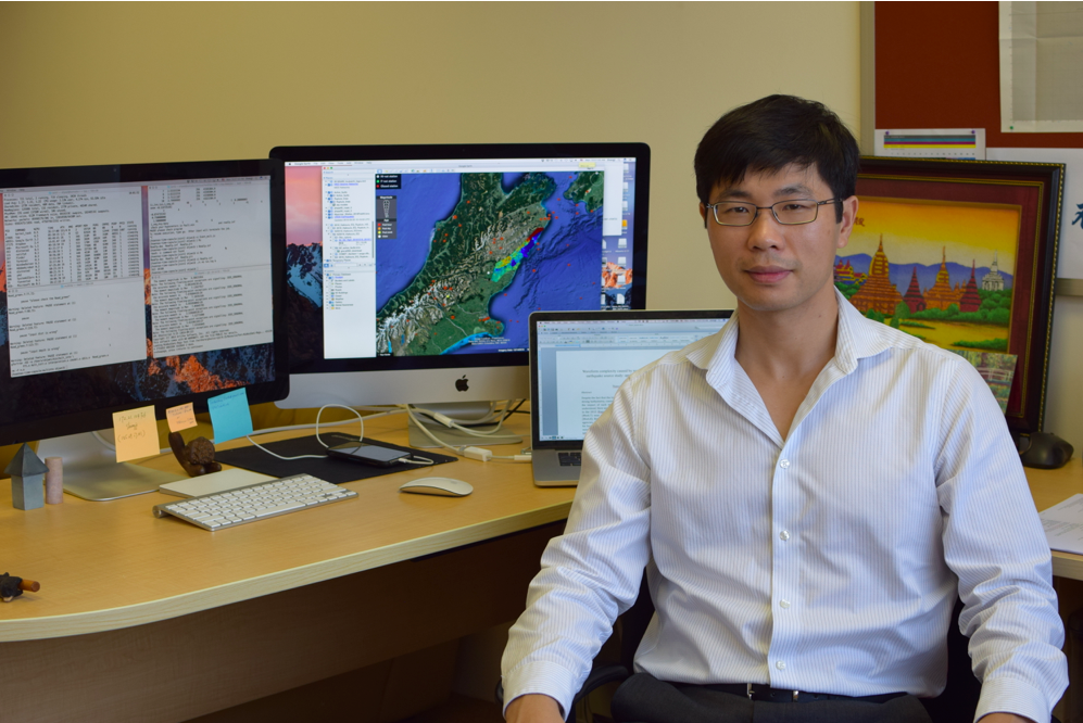 From the safety of his office, Dr Wei Shengji analyses raw data collected from real earthquake sites. He is currently studying the 2016 Kumamoto, Central Italy and New Zealand earthquakes (Source: Shireen Federico) 