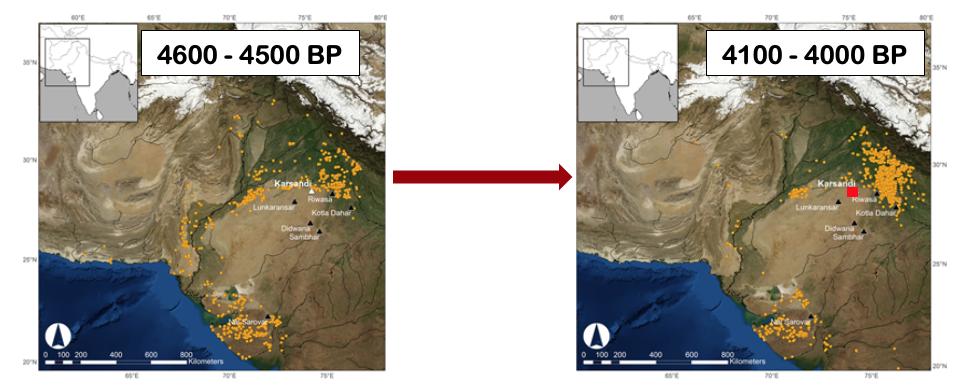 The location of the Indus Valley civilisation sites (orange dots) showing the eastern migration of ancient populations in north west India after the monsoon weakened 4,200 years before present (BP). The paleolake Karsandi (red square) was studied by Dr Dixit (Source: Modified from Dixit et al., 2018, Scientific Report)