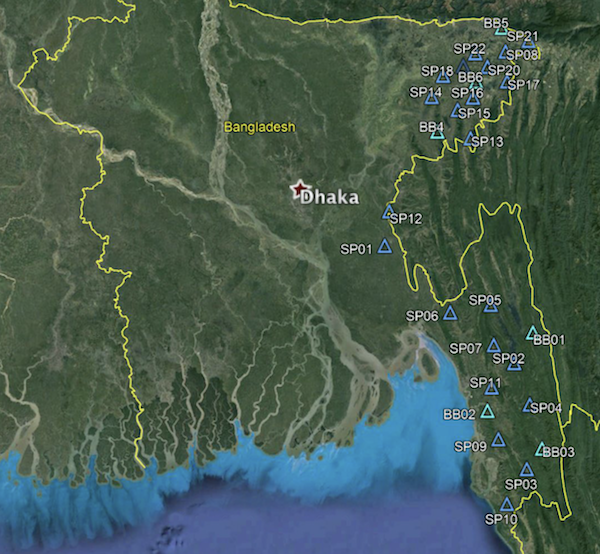 TREMBLE - Temporary Receivers for Monitoring Bangladesh Earthquakes - is a network of seismic stations in northeastern Bangladesh (Source: Earth Observatory of Singapore) TREMBLE - Temporary Receivers for Monitoring Bangladesh Earthquakes - is a network of seismic stations in northeastern Bangladesh (Source: Earth Observatory of Singapore)