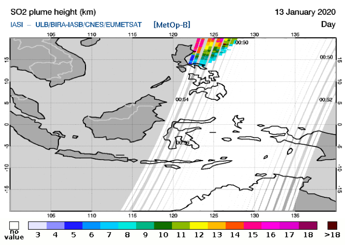 Map showing the height (km) of the SO2 plume on 13 January 2020 (Source: IASI/ULB/BIRA-IASB/CNES/EUMETSAT)