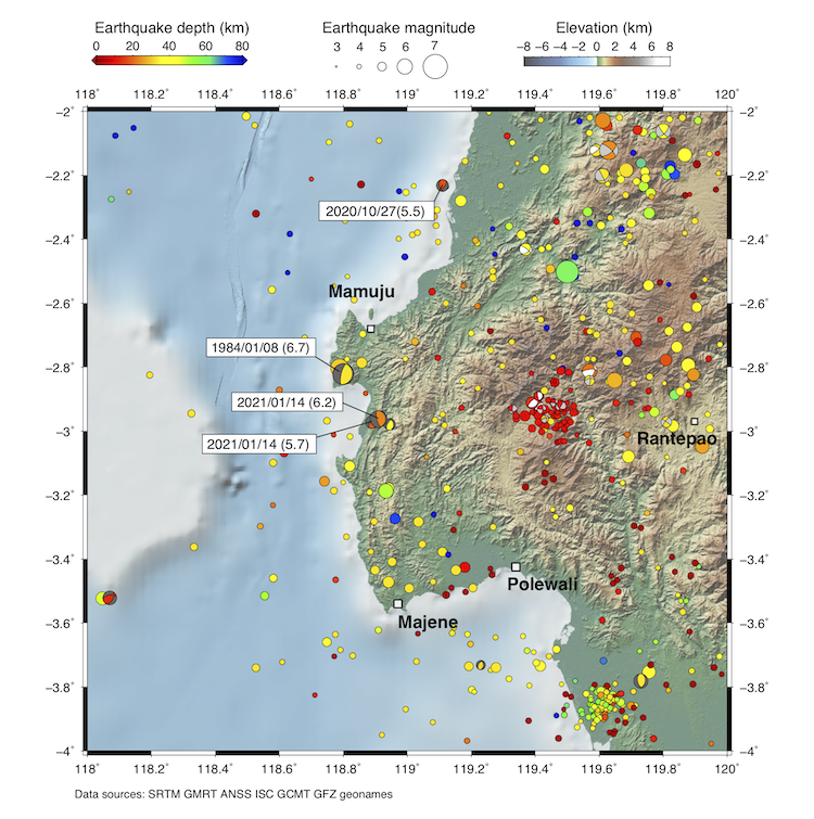 Map showing the location of today’s Mw 6.2 event, of the Mw 5.7 foreshock, of a nearby Mw 6.7 event in 1984, and of a Mw 5.5 event on a similar type of fault to the north in 2020. Time are in UTC. (Source: Kyle Bradley/Earth Observatory of Singapore)