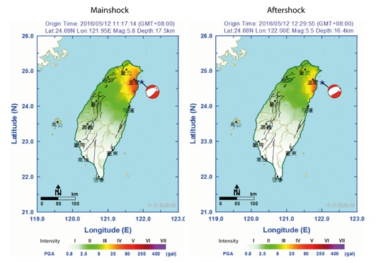 The epicentre of the 2016 Ilan earthquakes and their focal mechanisms are shown here. The colour maps show the seismic intensity of these two earthquakes (the tremors were reported to reach northern Taiwan). The mainshock produced stronger ground motion on the Ilan plain as a result of its higher earthquake magnitude and its closer distance to landmass. These earthquake maps are taken from the Central Weather Bureau of Taiwan and the focal mechanisms data are from the Real-Time Moment Tensor Monitoring System of Taiwan.