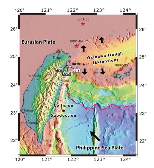 The regional tectonic setting of the western end of the Okinawa Trough modified from Konstantinou, 2014. The black arrow shows the tectonic motion direction. Near northern Taiwan, the north-south extension of the Okinawa trough created the Ilan plain and the submarine active volcanoes north of the Ryukyu islands. The blue dot denotes the location of the 2002 earthquake, and the orange colour indicates the 2005 earthquake epicentres. The white star shows the epicentre of the 2016 earthquake.