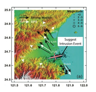 The preferred model used to explain the occurrence of the 2005 earthquake sequence, which was associated with a fluid dike intrusion event. The 2016 earthquakes may be associated with the same tectonic process along the southern boundary of Ilan Plain. Figure modified from Lai et al., 2009 The preferred model used to explain the occurrence of the 2005 earthquake sequence, which was associated with a fluid dike intrusion event. The 2016 earthquakes may be associated with the same tectonic process along the southern boundary of Ilan Plain. Figure modified from Lai et al., 2009