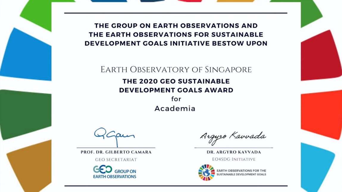 Screengrab of the award presented by the Earth Observations for Sustainable Development Goals (EO4SDG) at the virtual ceremony on 4 November 2020 (Source: Group on Earth Observations)