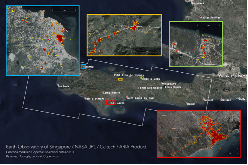 Damage Proxy Map of the Mw 7.2 earthquake that struck Haiti on 14 August 2021, produced by the EOS-RS Lab. Damage is shown by coloured pixels of 30 m in size, where yellow to red indicates increasingly significant ground surface change before and after the event. The map extents are indicated by the white polygon. Derived from synthetic aperture radar data acquired by the Copernicus Sentinel-1 satellites operated by the European Space Agency up to August to 15 August 2021. Analysed by the EOS-RS team at the Earth Observatory of Singapore in collaboration with NASA-JPL and Caltech. More map details and files at: http://ariasg-products.earthobservatory.sg/EOS-RS_202108_Haiti_Earthquake.
