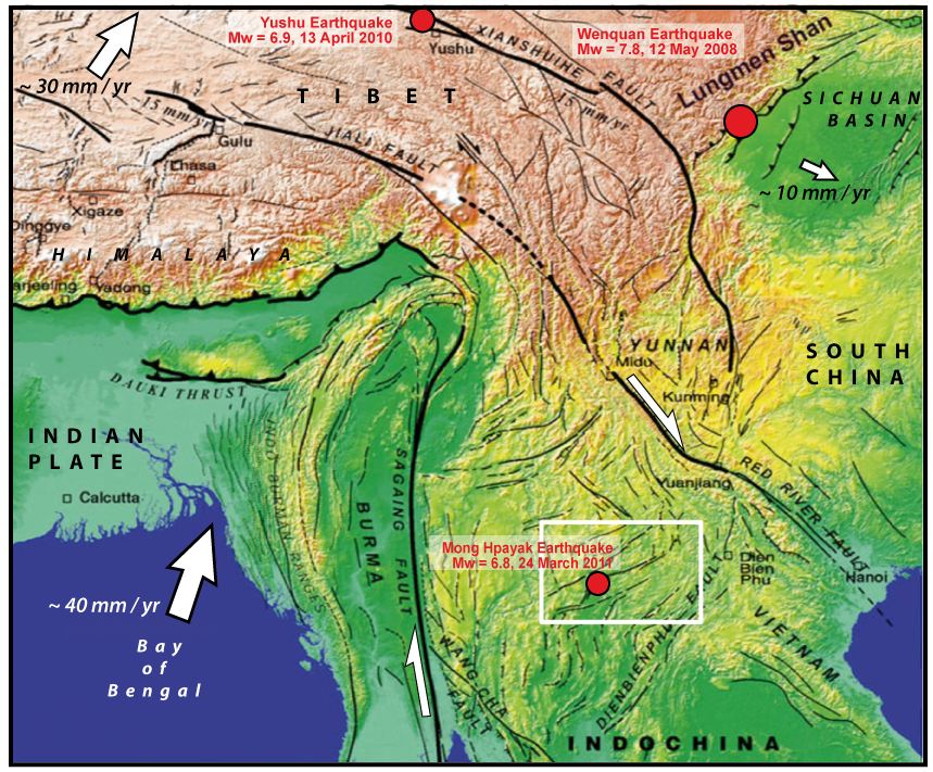 Figure 3. Location map of Tarlay (Myanmar) earthquake of March 24th. The northward motion of India, shown as the largest white arrow at about 40 millimetres per year, is causing motion on the Sagaing and Red River Faults (this relative motion is shown by the smaller white arrows). The motion on these major faults is driving motion on a series of faults in between, including the Nan Ma fault where the earthquake occurred. An analogy of this fault motion is shown in Figure 5. The white square indicates the area shown in Figure 4. Figure modified from Tapponnier and others (2001).