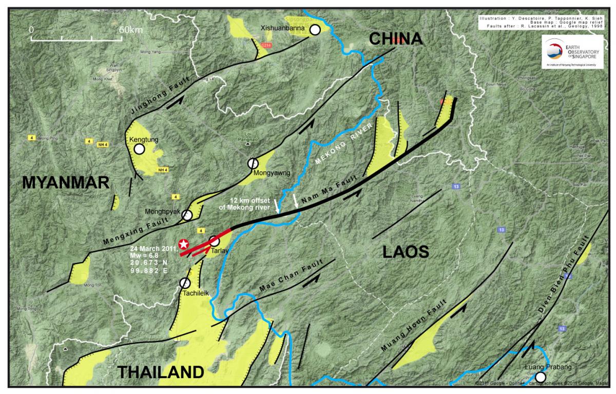 Figure 4. Map of the local tectonic setting of the March 24th Mong Hpayak (Myanmar) earthquake. The earthquake epicentre is shown by the red star; the portion of the Nam Ma fault that is likely to have slipped in the earthquake is shown by the red line. The two white arrows show where the Mekong River has been offset (shifted) by 12 km over the past few million years by motion on the Nan Ma Fault. The areas shaded in yellow are extensional sedimentary basins.