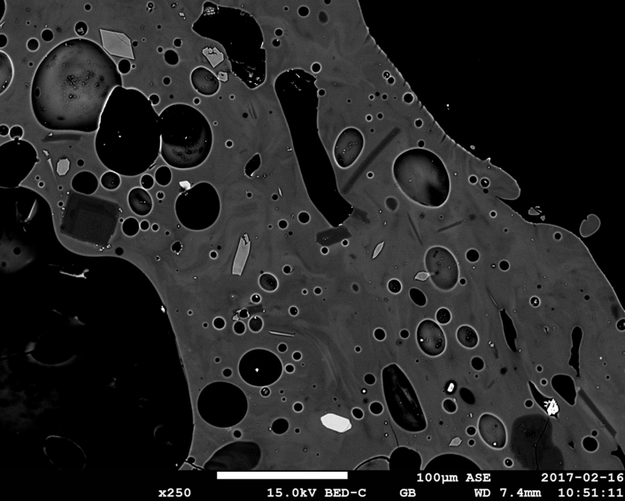 A thin section of a rock sample from the 2016 eruption of Mount Tavurvur in Papua New Guinea, seen through a scanning electron microscope. It shows the micrometre-size crystals called microlites, which Olivier is studying. Pictured: plagioclase is in dark grey, orthopyroxene in light grey, and magnetite in white (Source: Olivier Bernard/ EOS)
