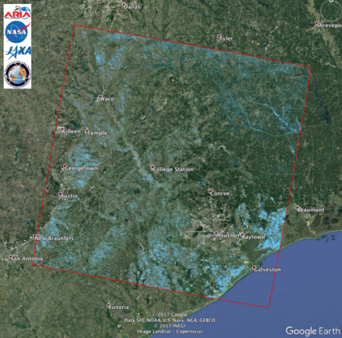 Flood Proxy Map of Texas flooding caused by Hurricane Harvey in August 2017. The map was derived from ALOS-2 SAR amplitude images; blue pixels indicate open flood water (Source: Advanced Rapid Imaging and Analysis (ARIA) team in JPL/Caltech) Flood Proxy Map of Texas flooding caused by Hurricane Harvey in August 2017. The map was derived from ALOS-2 SAR amplitude images; blue pixels indicate open flood water (Source: Advanced Rapid Imaging and Analysis (ARIA) team in JPL/Caltech)