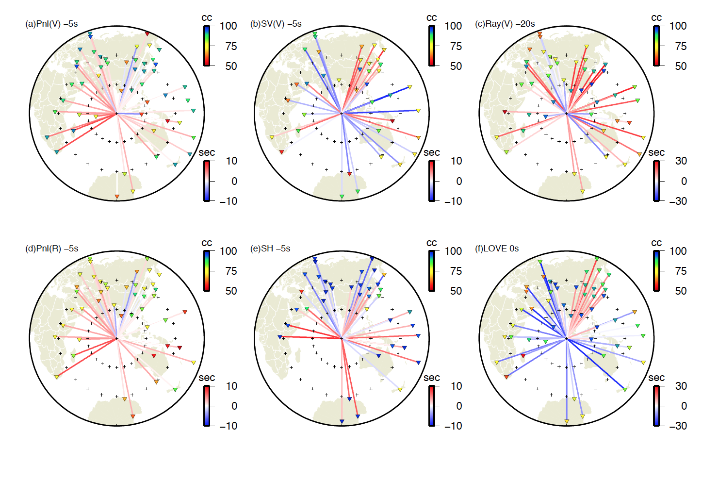 Spidergram plots of crosscorrelation coeffcient (cc) and time shifts for 6 components involved in the inversion . Numbers right to the phase name indicate the constant shift due to the complex local structure or origin time correction. Time shifts for each phase give independent constrains on the velocity model for they represent the average divergence between the real structure and 1D model on the path of the phase.