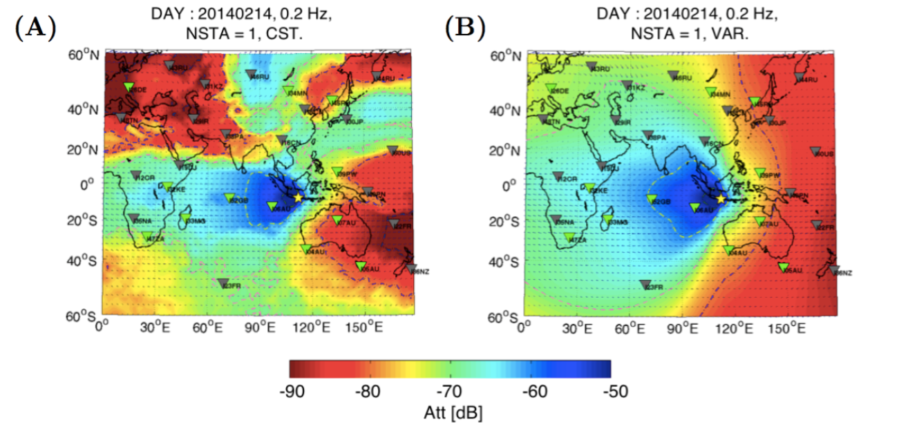 In (A) we simulate the predicted attenuation of infrasound signal while considering constant atmospheric conditions along the propagation path. In (B) a more realistic picture of the network performance at continental and global scales is provided; we prefer considering in our simulations, longitudinal variability of the atmospheric specifications along the propagation path. It explains reasonably well detections at stations (indicated by green triangles) highlighting a clear westward stratospheric jet. Such work could significantly help to prevent eruption disaster and mitigate the impact of ash clouds on aviation. (Source: Infrasound team) In (A) we simulate the predicted attenuation of infrasound signal while considering constant atmospheric conditions along the propagation path. In (B) a more realistic picture of the network performance at continental and global scales is provided; we prefer considering in our simulations, longitudinal variability of the atmospheric specifications along the propagation path. It explains reasonably well detections at stations (indicated by green triangles) highlighting a clear westward stratospheric jet. Such work could significantly help to prevent eruption disaster and mitigate the impact of ash clouds on aviation. (Source: Infrasound team)
